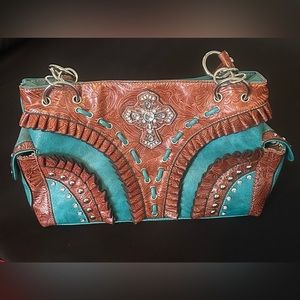 NWOT! Turquoise & Brown Purse! Bling! Cross! Western!